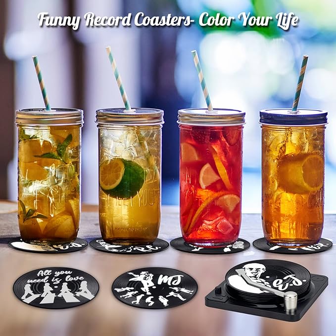 Valdivia Retro Vinyl Record Coasters with Player, 6 Pcs Music Coasters for Drinks, Bars, Cool Apartment Decor and Funny Housewarming Gifts New Home Presents for Music Lovers, Birthday Gifts for Men
