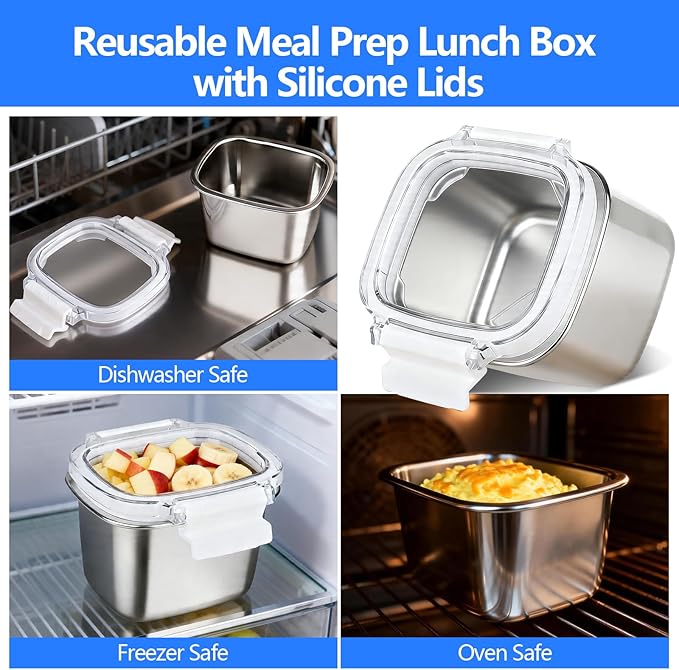 5 Piece Stainless Steel Containers with Lids, 15.2oz Food Storage Containers Leakproof Lunch Small Snack Boxes, Reusable Meal Prep Containers Suitable for Dips, Condiments, Snacks
