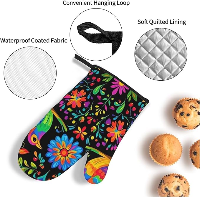 4 Pcs Mexican Flower Oven Mitts and Potholders,Kitchen Oven Glove with Pot Holders,Non-Slip Gloves High Heat Resistant 500 Degree for BBQ, Grill, Baking, Cooking, Oven, Microwave