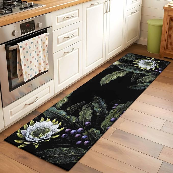 Runner Rug for Bedroom Hallway, Watercolor Flower Berry Leaves Kitchen Runner Rugs Area Rug 2x6ft, Botanical Plant Dark Style Washable Soft Floor Carpet for Entryway Stair