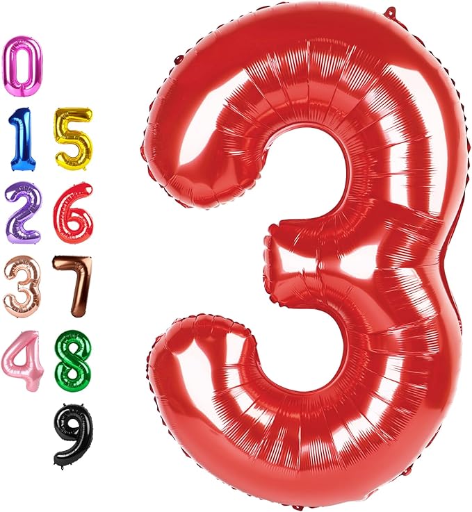 40 Inch Numbers 3 Balloon, Three Red Happy Birthday Balloons for Girls Boys Babies, Number Balloons for 3 13 23 30 Wedding Bridal Shower Anniversaries Party