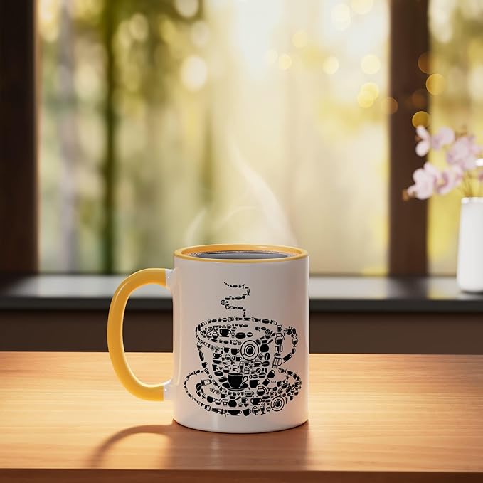 Coffee Brewed Steaming Java Picture Mosaic Cup Saucer Pot Ceramic Mug, Yellow/White