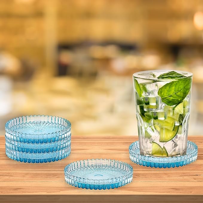 JUXYES 8 Pack Clear Blue Crystal Coasters Round Cup Mat, Glass Coasters for Drinks Coffee Tea Wine, Decorative Wine Bottle Coaster, Crystal Drink Coasters for Restaurant bar Kitchen Dining Table