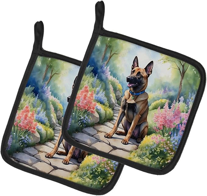 Caroline's Treasures Belgian Malinois Spring Garden Pair of Pot Holders Kitchen Heat Resistant Pot Holders Sets Oven Hot Pads for Cooking Baking BBQ, 7 1/2 x 7 1/2
