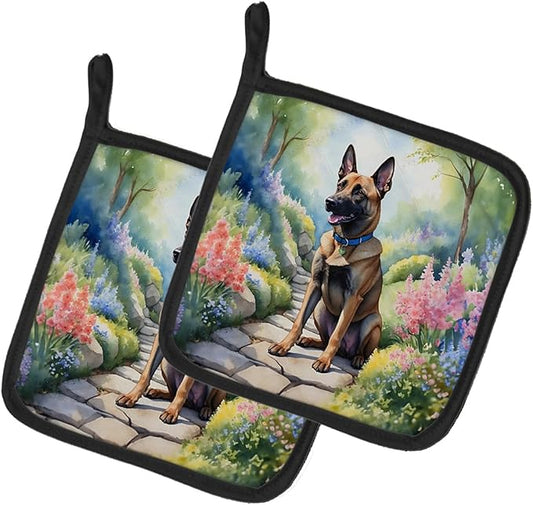 Caroline's Treasures Belgian Malinois Spring Garden Pair of Pot Holders Kitchen Heat Resistant Pot Holders Sets Oven Hot Pads for Cooking Baking BBQ, 7 1/2 x 7 1/2