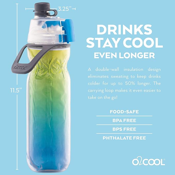 O2COOL Mist 'N Sip Misting Water Bottle 2-in-1 Mist And Sip Function With No Leak Pull Top Spout Reusable Sports Water Bottle - 20 oz (Blue Ombre)