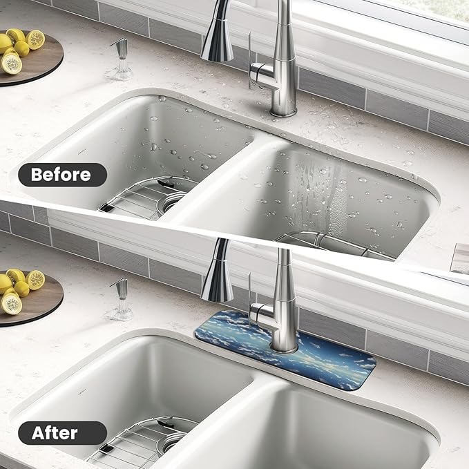 Blue Sky and White Clouds Printed Faucet Absorbent mat, Suitable for bathrooms, Kitchens, and Other Sink Areas.