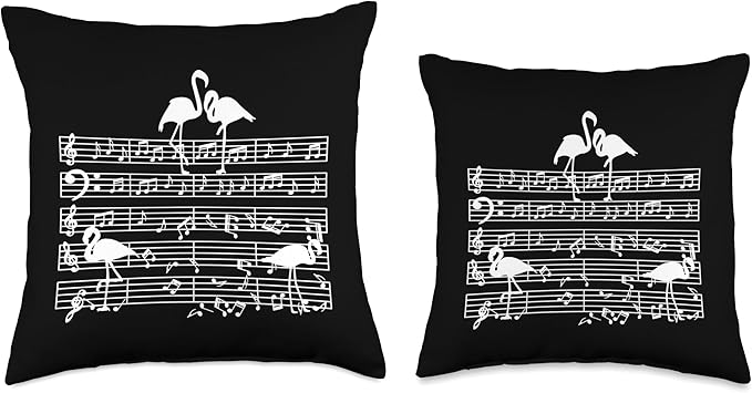 Music Notes with Flamingo on Music Sheet - Music Teacher Throw Pillow