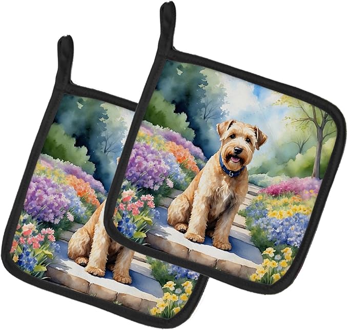 Caroline's Treasures Wheaten Terrier Spring Path Pair of Pot Holders Kitchen Heat Resistant Pot Holders Sets Oven Hot Pads for Cooking Baking BBQ, 7 1/2 x 7 1/2
