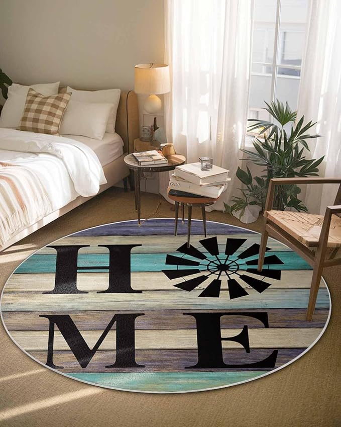 Round Area Rug,Farm Home Windmill Circle Living Room Rug Non-Slip Rugs Indoor Carpet,Farmhouse Vintage Wood Board Soft Comfort Rugs for Bedroom KidsRoom Nursery