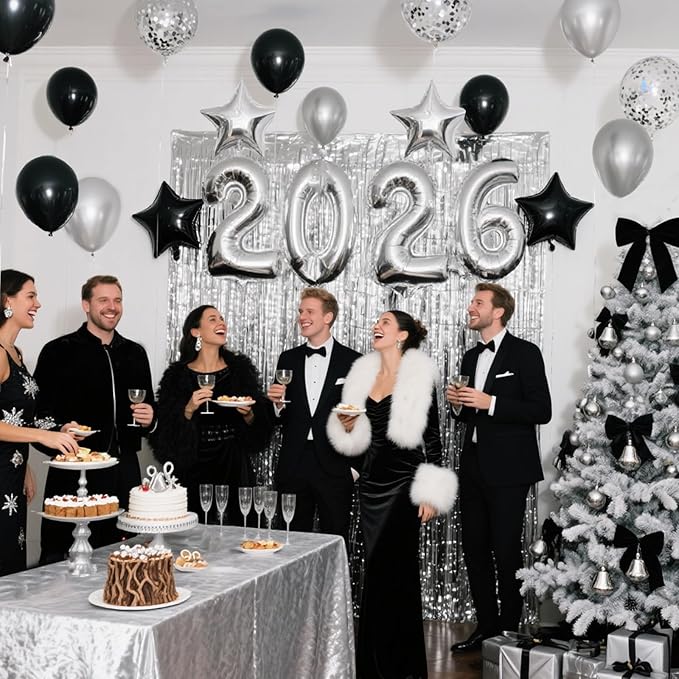 JOJO FLY New Years Eve Party Decorations Kit, Silver 2026 Balloons, Black and Silver Balloons Set, Silver Foil Curtain, Graduation Decorations, New Years Eve Party Supplies 2026