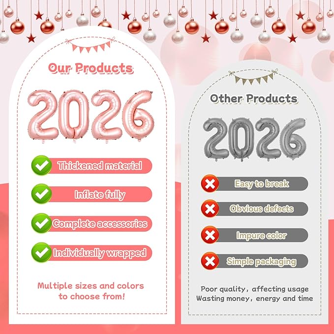 Rose Gold 2026 Balloons, 16 Inch Foil 2026 Number Balloons, Grad Balloons for Class of 2026 Graduation Party, Rose Gold Matellic Foil New Year Birthday Home Office Party Supplies