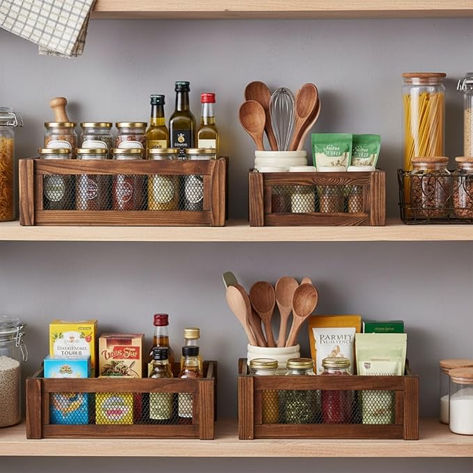 Kathfly Set of 3 Rustic Nesting Crates, Wooden Organizer Boxes Basket, Small Decorative Wood Wire Containers with Handle for Countertop Display, Fruit, Veggies, Kitchen, Bathroom, Pantry Storage