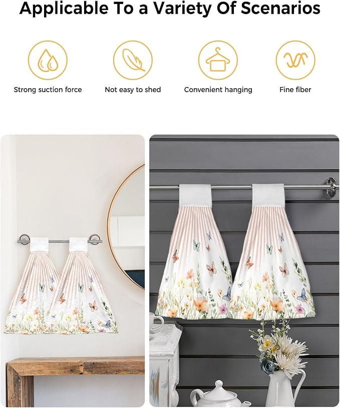 Alandar Home Kitchen Tie Towel Set of 1, Pastoral Floral Leaf Flying Butterfly Absorbent Soft Hand Towels for Bathroom Hanging Towels, Gradient Orange Stripes Fast Drying Cleaning Cloth with Loop