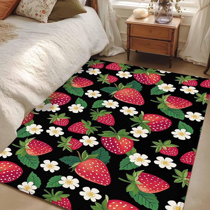Area Rug 3x5ft, Red Strawberry Litter Flower Leaves on Black Washable Rugs for Living Room Bedroom, Summer Fruit Soft Non-Slip Area Rugs Rectangle Floor Carpet for Dining Room