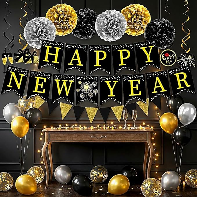 New Year‘s Eve Party Supplies 2026 -34PCS Happy New Years Decorations 2026 for 12+ Guests Includes Banner, Pom Poms, Balloons ,Triangle Flag for Nye 2026 Celebrations Premium Black Gold new years set