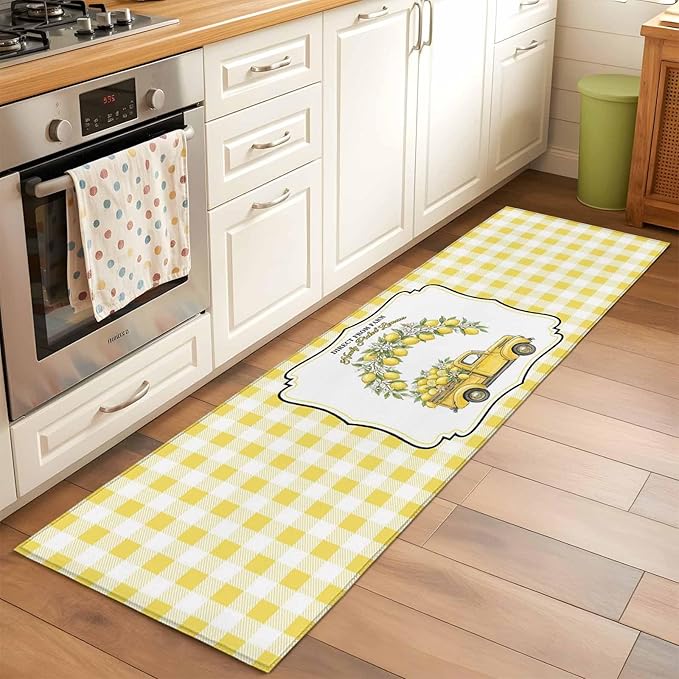 Runner Rug for Bedroom Hallway, Farm Yellow Truck Lemon Fruit Kitchen Runner Rugs Area Rug 2x6ft, Flower Leaves Buffalo Plaid Washable Soft Floor Carpet for Entryway Stair