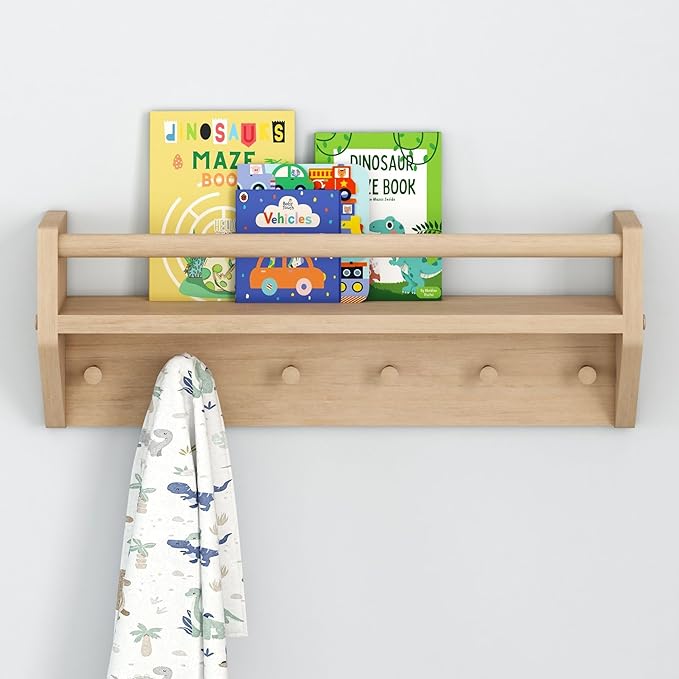 Max & Lily Wall Shelf with Pegs, 24 Inch Floating Bookshelf for Kids Room, Solid Wood Wall-Mounted Storage Shelf with Hooks for Backpacks, Jackets & Décor, Blonde