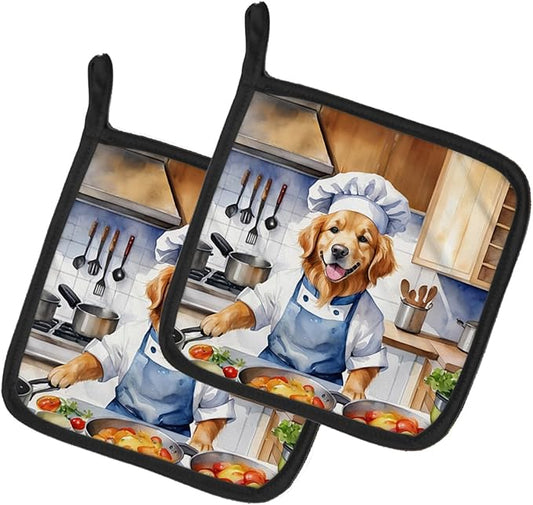 Caroline's Treasures Golden Retriever The Chef Pair of Pot Holders Kitchen Heat Resistant Pot Holders Sets Oven Hot Pads for Cooking Baking BBQ, 7 1/2 x 7 1/2