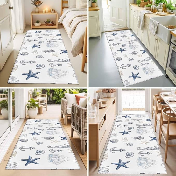 Runner Rug for Bedroom Hallway, Ocean Starfish Seahorse Shell Conch Kitchen Runner Rugs Area Rug 2x6ft, Nautical Compass Anchor Washable Soft Floor Carpet for Entryway Stair