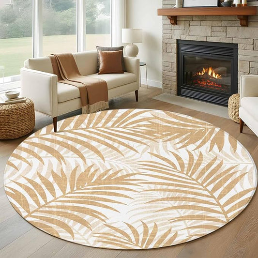 Washable Round Area Rug Summer Boho Palms Leaves Circle Rugs Floor Carpet for Living Room Bedroom, Vintage Tropical Plants Soft Non Slip Round Rug 5ft