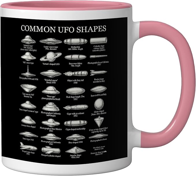 Common UFO Shapes Vintage Chart Alien Flying Saucer Ceramic Mug, Pink/White