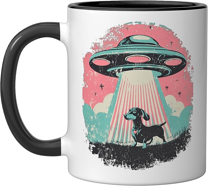 Retro UFO Dachshund Dog Alien Beam Vintage Sci Fi Pooch Ceramic Mug, Black/White