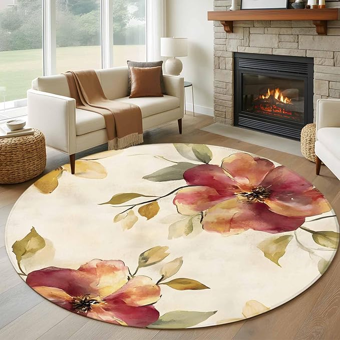 Washable Round Area Rug Oil Painting Style Flowers Circle Rugs Floor Carpet for Living Room Bedroom, Vintage Country Floral Soft Non Slip Round Rug 5ft