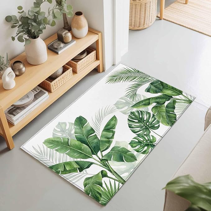 Area Rug 2x3ft, Watercolor Green Tropical Leaves Washable Rugs for Living Room Bedroom, Botanical Palm Leaf Plants Soft Non-Slip Area Rugs Rectangle Floor Carpet for Dining Room