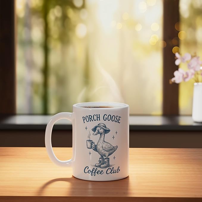 Porch Goose Coffee Club Funny Silly Goose Coffee Lover Ceramic Mug, White