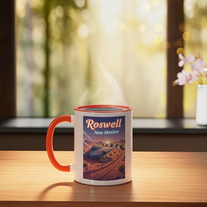 Roswell New Mexico UFO Crash in the Desert Alien Souvenir Ceramic Mug, Orange/White