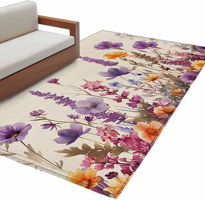 Area Rug 4x6ft, Country Flower Purple Lavender Plant Washable Rugs for Living Room Bedroom, Retro Linen Soft Non-Slip Area Rugs Rectangle Floor Carpet for Dining Room