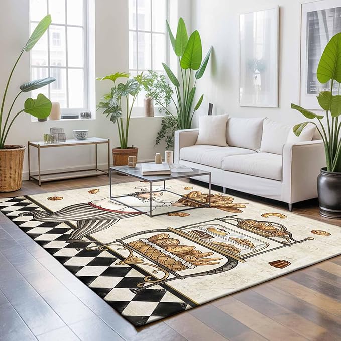 Area Rug 4x6ft, Farmhouse Kitchen Baker Bread Washable Rugs for Living Room Bedroom, Vintage Black Plaid Soft Non-Slip Area Rugs Rectangle Floor Carpet for Dining Room