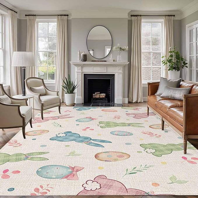 Area Rug 6x9ft, Happy Easter Cute Plaid Bunny Washable Rugs for Living Room Bedroom, Colorful Egg Leaves Farm Linen Soft Non-Slip Area Rugs Rectangle Floor Carpet for Dining Room