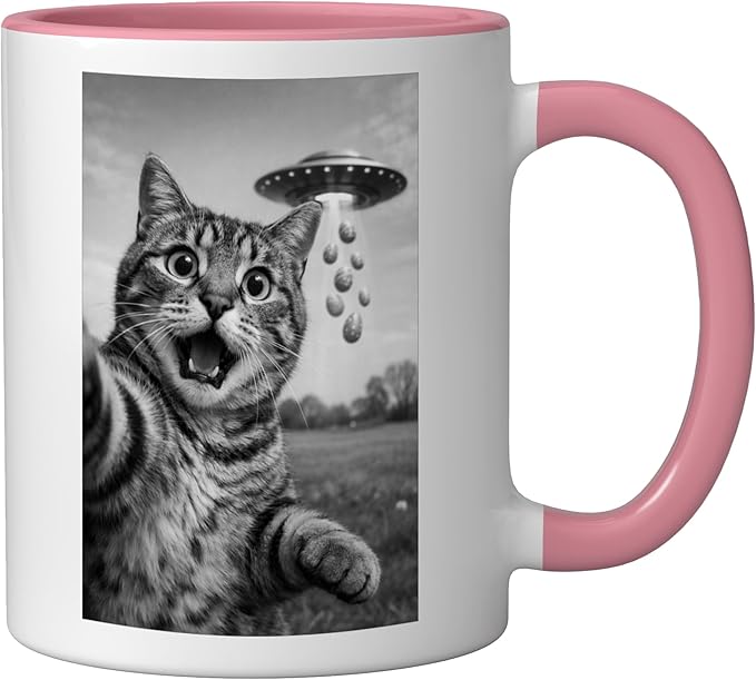 Funny Cat Selfie Easter Eggs Alien UFO Abduction Men Women Ceramic Mug, Pink/White