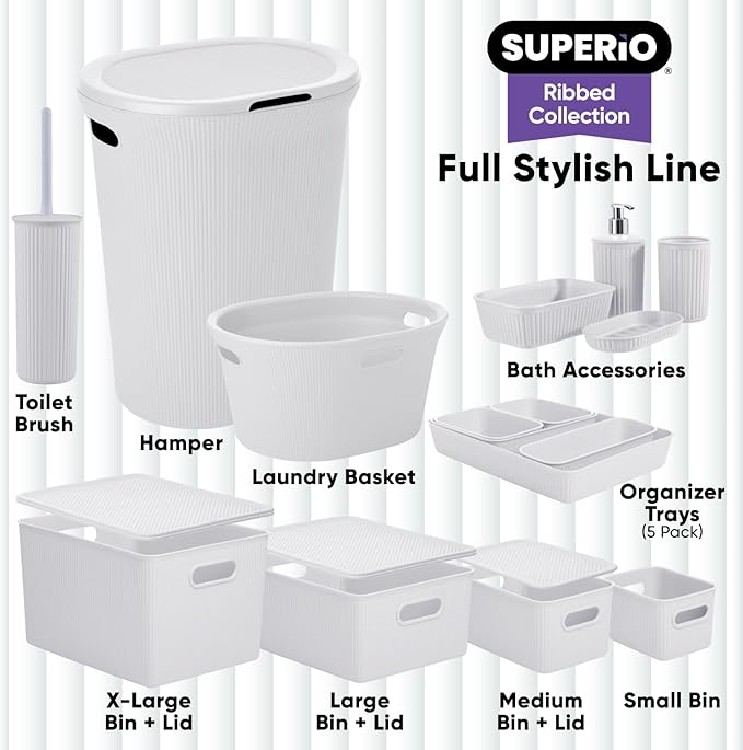 Decorative Plastic Bathroom Accessories Set, White Smoke (Set of 4) Soap Dish, Liquid Dispenser, Toothbrush Holder Cup, Vanity Organizer Tray - Bath Accessory Countertop Decor Gift - Ribbed Design