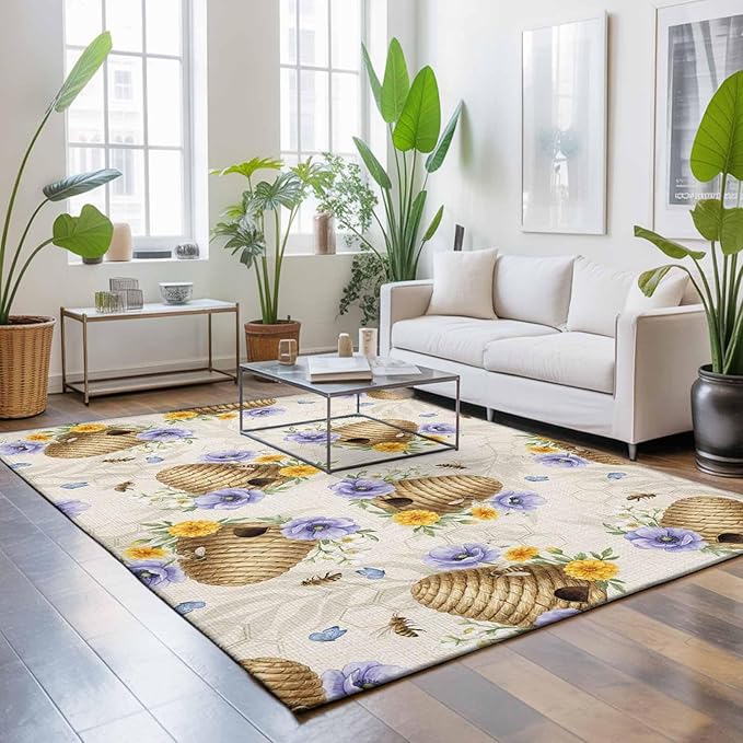 Area Rug 8x10ft, Garden Beehives Honeybees Washable Rugs for Living Room Bedroom, Country Purple Floral Soft Non-Slip Area Rugs Rectangle Floor Carpet for Dining Room