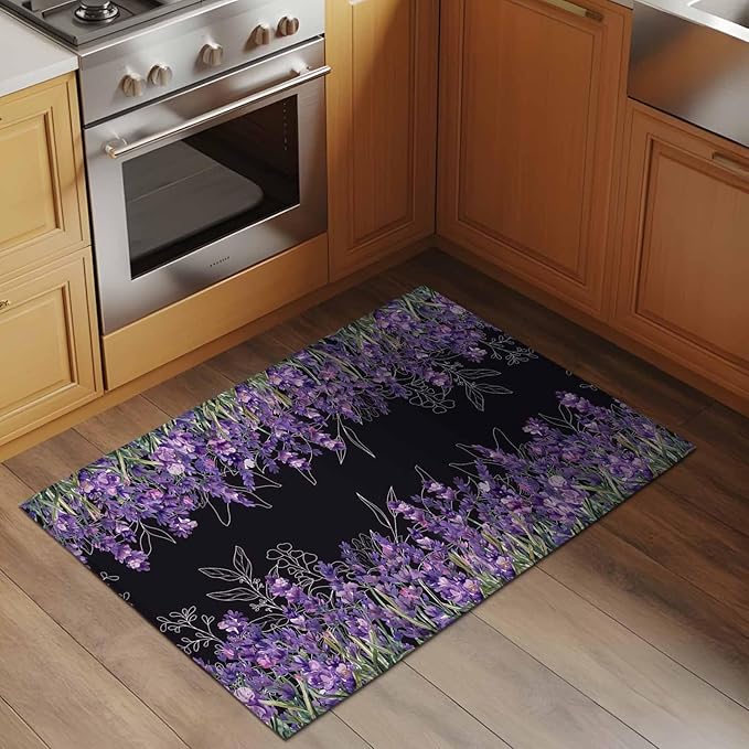 Area Rug 2x3ft, Spring Purple Lavender Flower Washable Rugs for Living Room Bedroom, Watercolor Floral on Black Soft Non-Slip Area Rugs Rectangle Floor Carpet for Dining Room