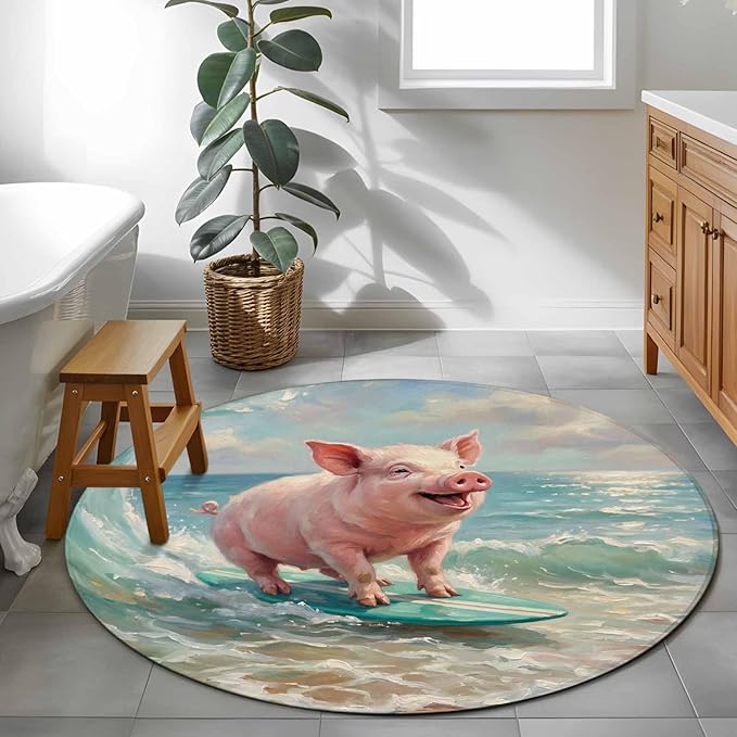 Washable Round Area Rug Surfing Farm Pink Pig Circle Rugs Floor Carpet for Living Room Bedroom, Summer Blue Sea Wave Beach Soft Non Slip Round Rug 4ft