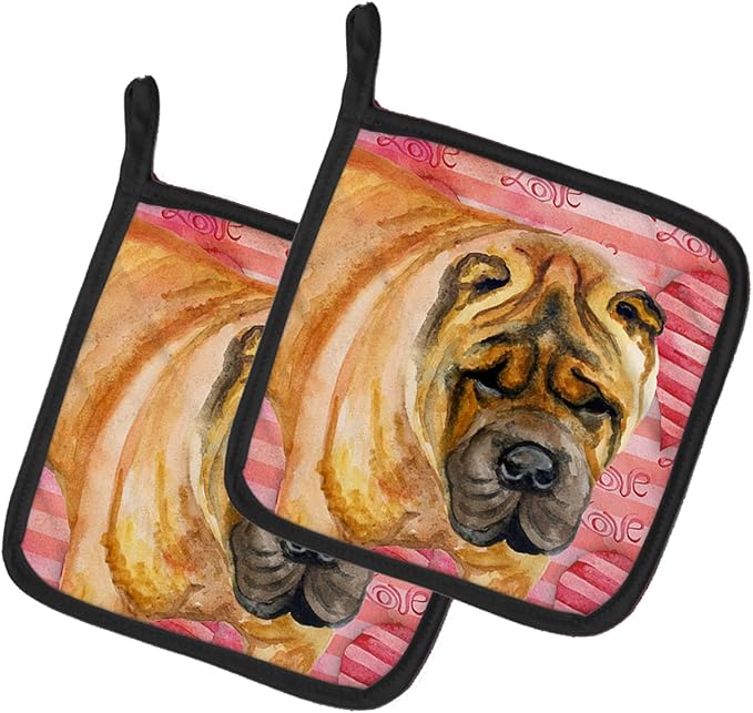 Caroline's Treasures BB9748PTHD Shar Pei Love Pair of Pot Holders, Red Kitchen Heat Resistant Pot Holders Sets Oven Hot Pads for Cooking Baking BBQ, 7 1/2 x 7 1/2