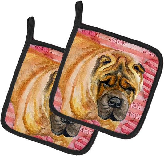 Caroline's Treasures BB9748PTHD Shar Pei Love Pair of Pot Holders, Red Kitchen Heat Resistant Pot Holders Sets Oven Hot Pads for Cooking Baking BBQ, 7 1/2 x 7 1/2