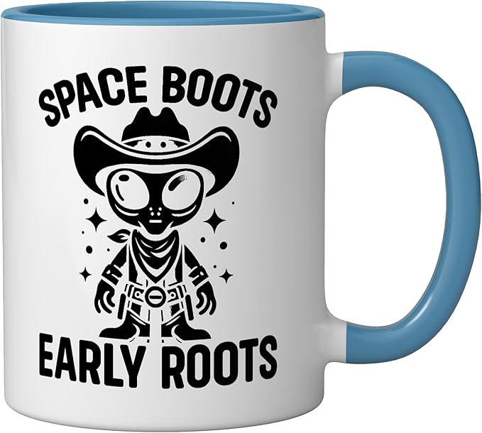 Alien Lover Flying Saucer UFO Extraterrestrial Cowboy Ceramic Mug, Blue/White
