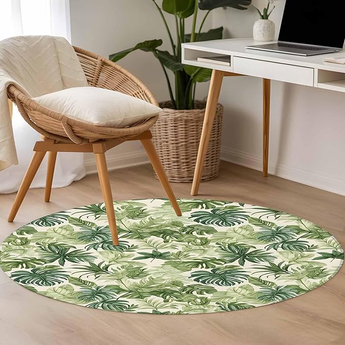 Washable Round Area Rug Green Palm Leaf Watercolor Circle Rugs Floor Carpet for Living Room Bedroom, Summer Tropical Leaves Soft Non Slip Round Rug 4ft