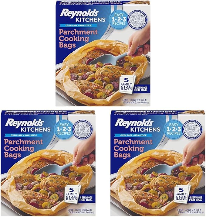 Reynolds Kitchens Parchment Cooking Bags, Family Size, Non-Stick Parchment Cooking Bags for the Oven and Microwave, Oven-Safe up to 425 Degrees, Great for Quick Family Meals, No-Mess Cleanup, 15 Pack