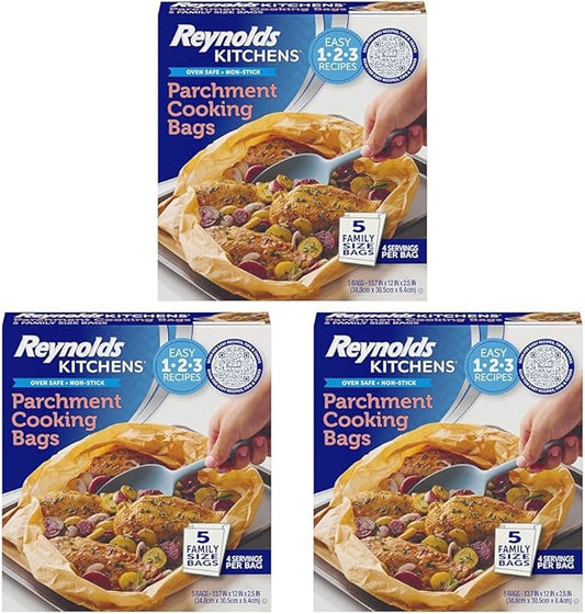 Reynolds Kitchens Parchment Cooking Bags, Family Size, Non-Stick Parchment Cooking Bags for the Oven and Microwave, Oven-Safe up to 425 Degrees, Great for Quick Family Meals, No-Mess Cleanup, 15 Pack