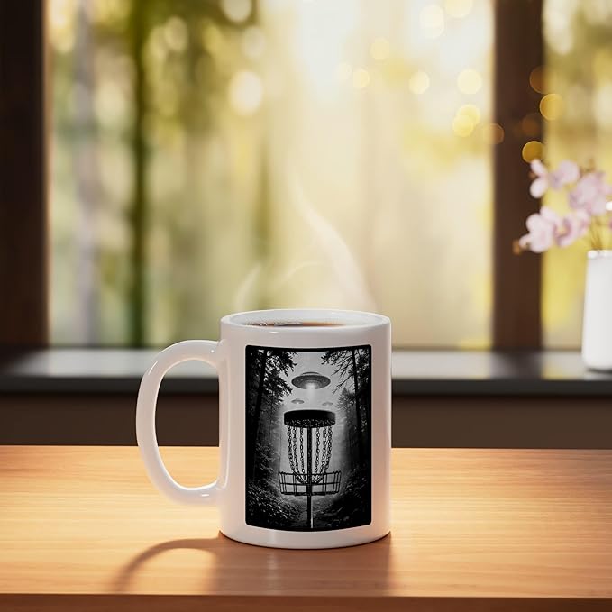 Disc Golf Basket UFO Selfie Funny Alien Wooded Hole Course Ceramic Mug, White