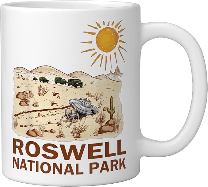 Roswell National Park UFO Flying Saucer Crash 1947 UAP Alien Ceramic Mug, White