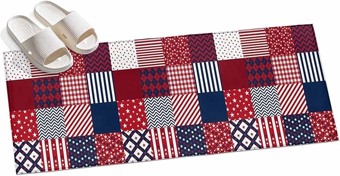 Runner Rug for Bedroom Hallway, Abstract Splicing Stars Stripes Kitchen Runner Rugs Area Rug 2x6ft, Independence Day Red Blue White Washable Soft Floor Carpet for Entryway Stair