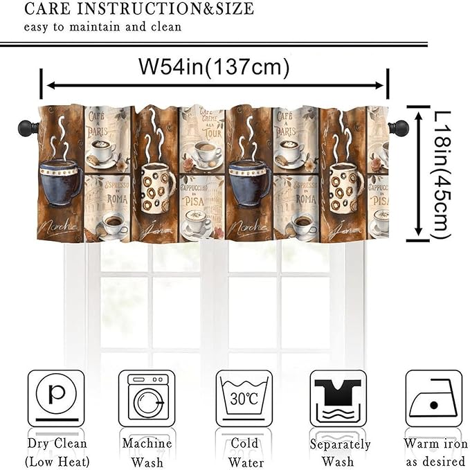 Vintage Coffee Curtain Valance, Rustic European City Paris Rome Pisa Short Window Treatment for Kitchen Cafe Bedroom Dining Living Room Home Decor, 54x18Inch