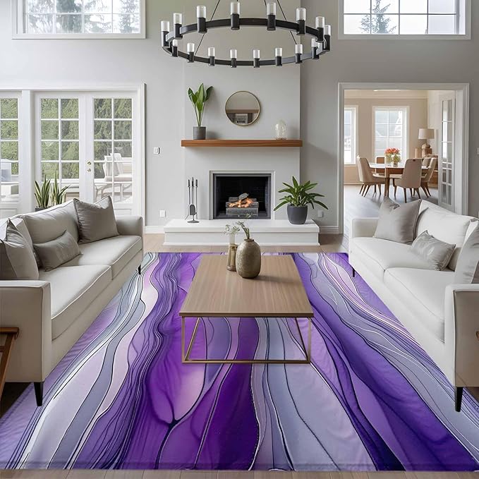 Area Rug 6x9ft, Abstract Art Purple Gray Wave Washable Rugs for Living Room Bedroom, Vintage Marble Texture Soft Non-Slip Area Rugs Rectangle Floor Carpet for Dining Room